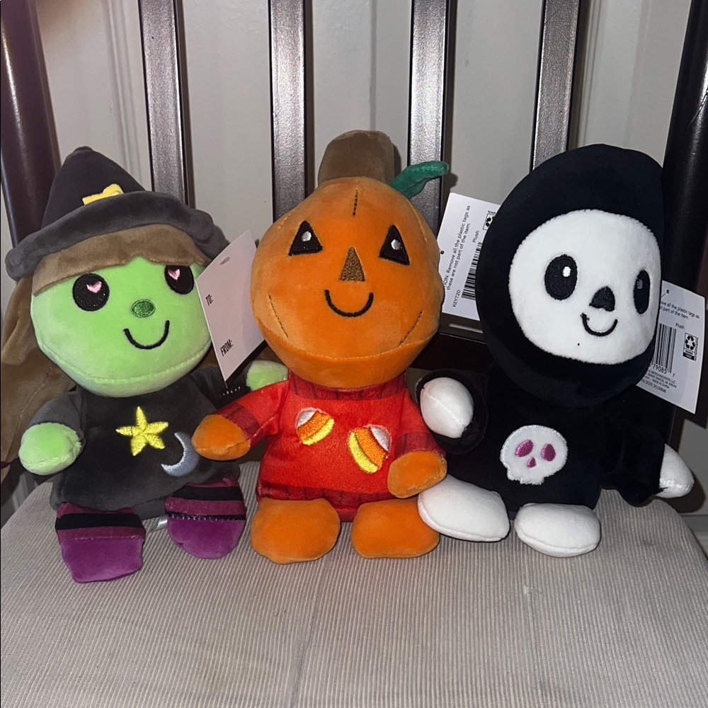 NWT 3pc Spooky pumpkin head skeleton witch soft plush plushies